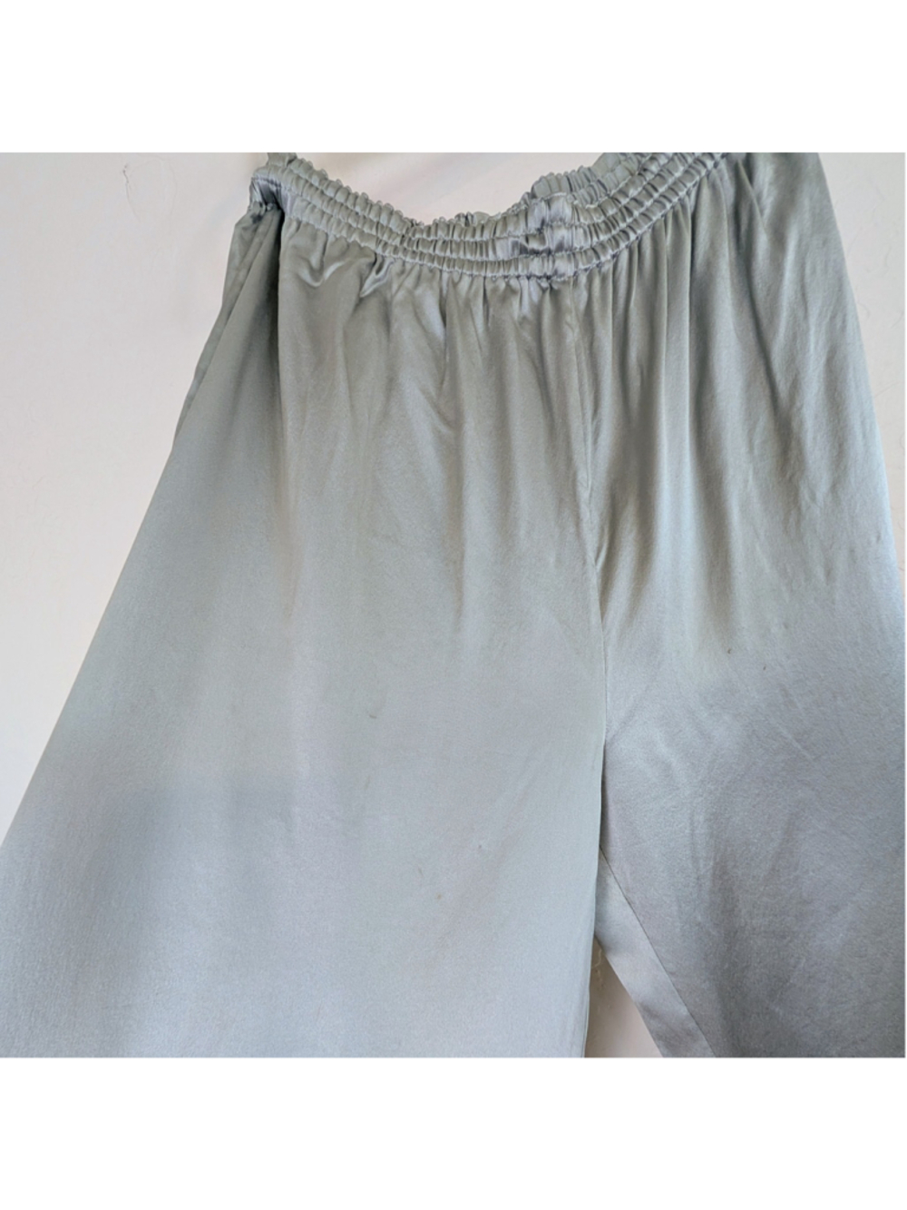 Tesori 100% Silk Wide Leg Pants Sage Green Elastic Waist Minimalist Lounge S - Picture 4 of 9